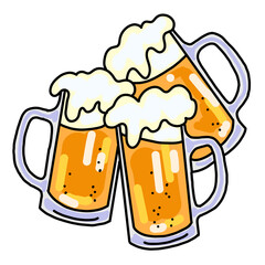Beer mug full of foamy cold drink. Traditional German beverage. Octoberfest symbol, brewery logo, advertising sign for poster design or postcard. Hand drawn illustration. Cartoon style drawing.