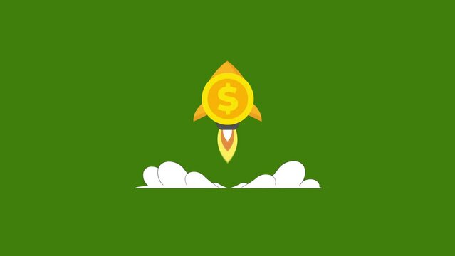 Gold dollar coin rocket animation. 4k motion animation.