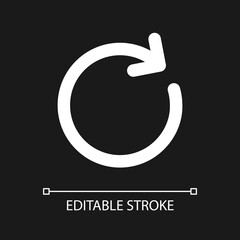 Repeat pixel perfect white linear ui icon for dark theme. Reload page. Rotating arrow. Clockwise. Vector line pictogram. Isolated user interface symbol for night mode. Editable stroke. Arial font used