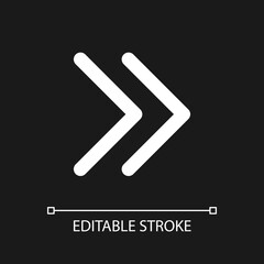 Right double arrow pixel perfect white linear ui icon for dark theme. Fast forward. Speed up. Vector line pictogram. Isolated user interface symbol for night mode. Editable stroke. Arial font used