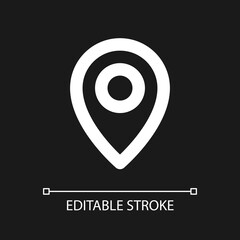 Location pin pixel perfect white linear ui icon for dark theme. Saving spot on map. Vector line pictogram. Isolated user interface symbol for night mode. Editable stroke. Arial font used