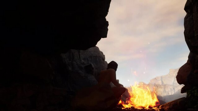 Wide shot of an ancient hominid, neanderthal, homo sapiens is sitting near a fire in a cave during Paleolithic age