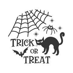 Trick or treat farmhouse door hanger. Vector Halloween quote. Halloween round sign design. Round design on white background. 31 October party sign.