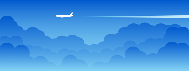 Fototapeta na wymiar Airplane flying above clouds. Jet plane with exhaust white trail. Blue gradient and white plane silhouette. White and transparent clouds on the blue sky. 