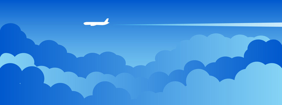 Airplane flying above clouds. Jet plane with exhaust white trail. Blue gradient and white plane silhouette. White and transparent clouds on the blue sky.
