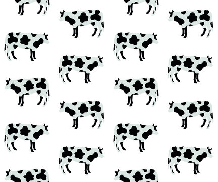 Vector seamless pattern of flat cow silhouette with cow print isolated on white background