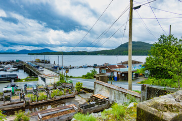 Bella Bella, British Columbia, looking form the centre of town over the dock and community gardens.