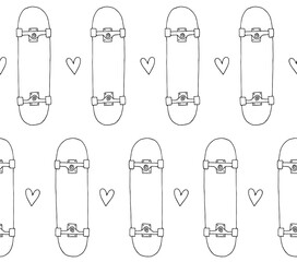 Vector seamless pattern of hand drawn sketch doodle skateboard and hearts isolated on white background
