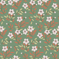 Seamless floral pattern with autumn botany, wild plants on a green field. Pretty ditsy print, botanical background with decorative plants, flowers, leaves on branches. Vector illustration.