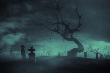 old tree and tombstones in the graveyard at night, halloween background