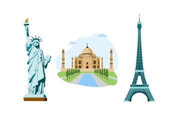 Tourist attractions, Eiffel Tower, Statue of Liberty, Taj Mahal. Flat style