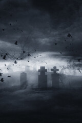 Plakat spooky halloween night in old graveyard