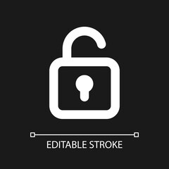 Unlocked padlock pixel perfect white linear ui icon for dark theme. Security setting. Vector line pictogram. Isolated user interface symbol for night mode. Editable stroke. Arial font used