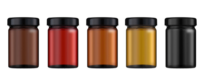 Various color glass bottles for cosmetics, natural medicine , oils or other liquids isolated on a white background