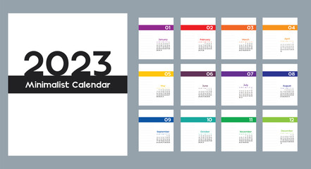 Fototapeta na wymiar Calendar 2023 Trendy Minimalist Style. Set of 12 pages desk calendar. 