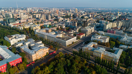 Aerial view beautiful Kyiv cityscape on a sunny spring day. Drone shot Kiev building. Capital of Ukraine 