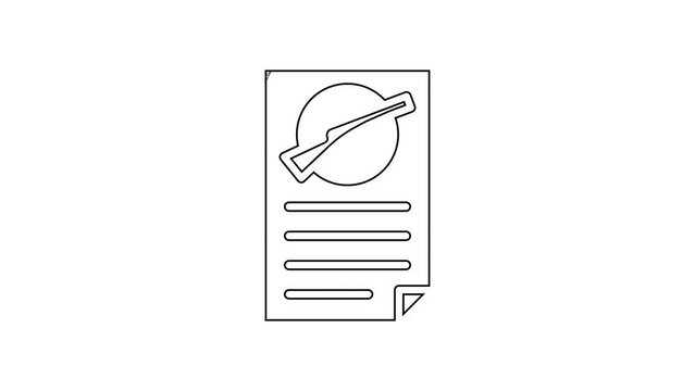 Black line Firearms license certificate icon isolated on white background. Weapon permit. 4K Video motion graphic animation