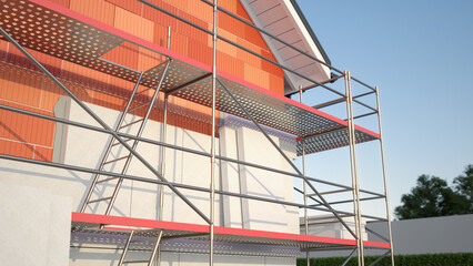 House and scaffolding - insulation concept  - obrazy, fototapety, plakaty