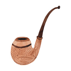 Watercolor illustration, smoking pipe in wooden style isolated on white background.