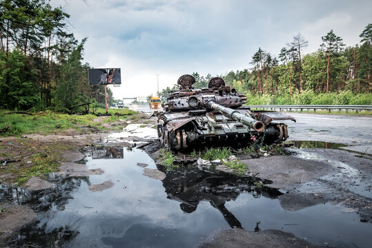 Wreck of burned russian tank in Ukraine