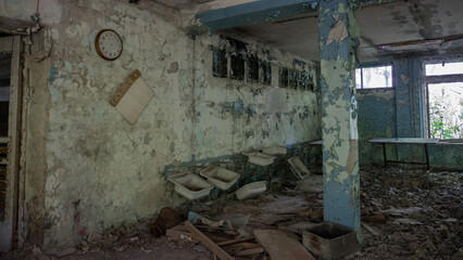 Inside destroyed abandoned building canteen in ghost city Pripyat after explosion fourth reactor...