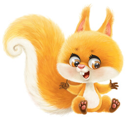 Cute cartoon squirrel with free paws sit on white background.