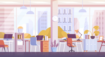 Modern office background. Comfortable workspace in business center. Coworking room with workstations, computers and cityscape. Stylish interior for employees. Cartoon flat vector illustration