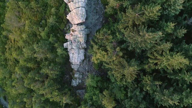 Fly around massive rock gate in the forest