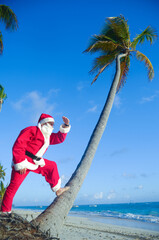 Santa Claus is on vacation on a tropical beach. - 517898953