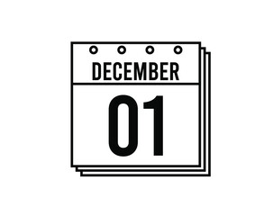 December 1 calendar. December month calendar black and white icon. Simple 3D vector.