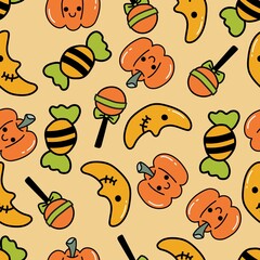 Cute colorful Halloween candy pumpkins doodle pattern 