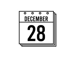 December 28 calendar. December month calendar black and white icon. Simple 3D vector.