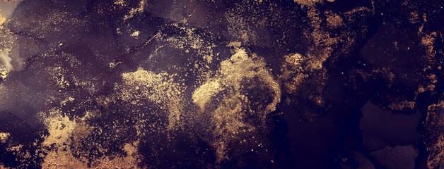 art photography of abstract fluid art painting with alcohol ink, black and gold colors