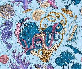 Vintage seamless pattern with coral reef, octopus on a marine theme. Ideal for textile printing, wallpapers and packaging