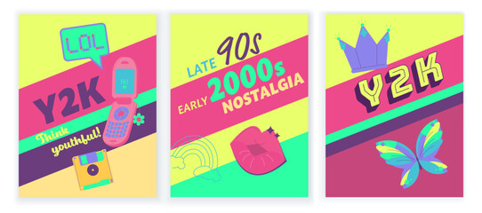 Trending Y2K vertical posters set. Nostalgia concept. Editable vector