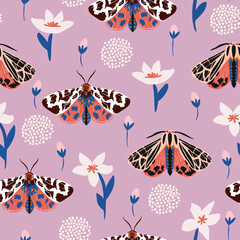 Seamless pattern with moths, flowers, and butterfly. Floral background for fabric, wrapping, textile, wallpaper, apparel. Vector illustration. - 517900530