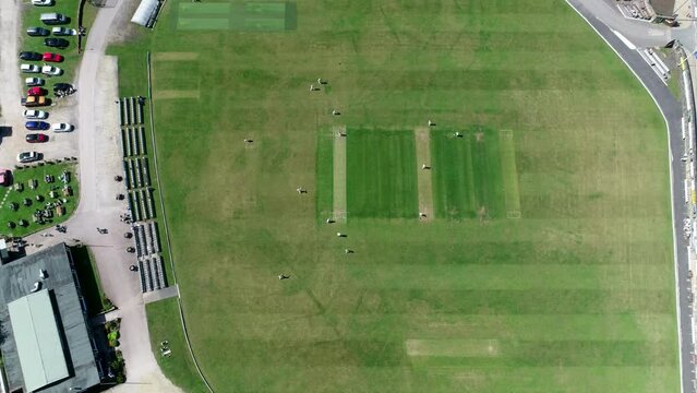 4K video flying over a great setting for a village cricket match in Yorkshire, UK.