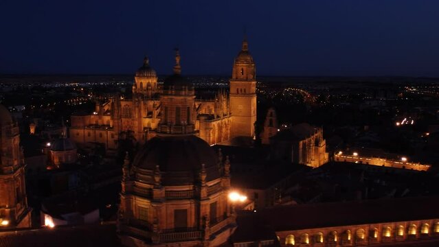 Beautiful aerial view of salamanca spain featuring the cathedral and city backdrop lit up at night