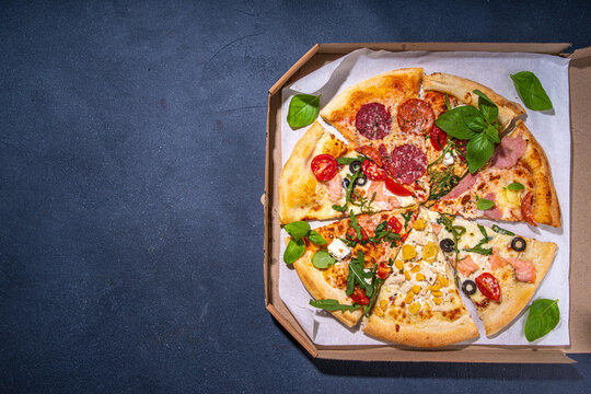 Various taste type pizza slices with different traditional filling - seafood fish salmon, Hawaiian with chicken, vegetarian vegetable margarita, meat carbonara, salami on dark grey background