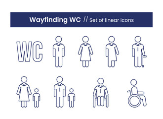 Wayfinding WC linear icons set. Vector illustration isolated on a white background. 