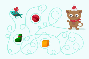 Children's maze. Help little kitten to get to delicious Christmas fish. Colorful vector illustrations for children books in simple cartoon style. Labyrinth and game.