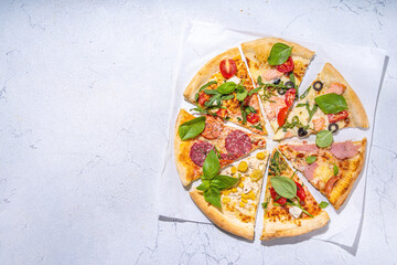 Various taste type pizza slices with different traditional filling - seafood fish salmon, Hawaiian with chicken, vegetarian vegetable margarita, meat carbonara, salami on white grey background