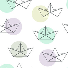 Seamless pattern with paper boat origami ship icon isolted on white background.