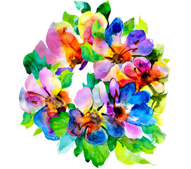 Fototapeta na wymiar 20-oz Tumbler Sublimation design. Watercolor drawing of a bouquet of colorful flowers. Abstract bright stylization of buds and petals. PNG transparent