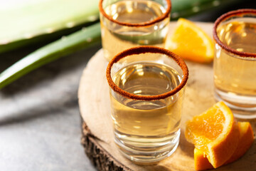 Mezcal Mexican drink with orange slices and worm salt on wooden table