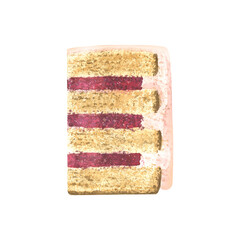 A piece of sponge cake with berry filling. Watercolor illustration. An isolated object from a large set of SWEETS. For decoration, design and compositions of menus, recipes, kitchen accessories.