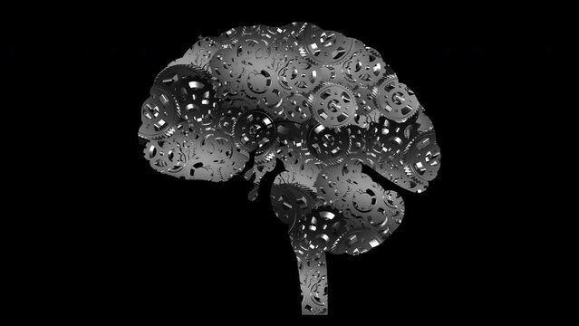 Metal gears rotate, human brain shape, transparent ring