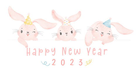 Happy New Year 2023, group of cute white funny rabbit heads watercolor, bunny character collection, cute wildlife animal cartoon watercolor painting drawing vector