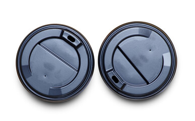 Paper two cups of coffee on white background isolation. top view