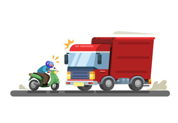 Truck hitting motorbike. traffic accident scene illustration vector